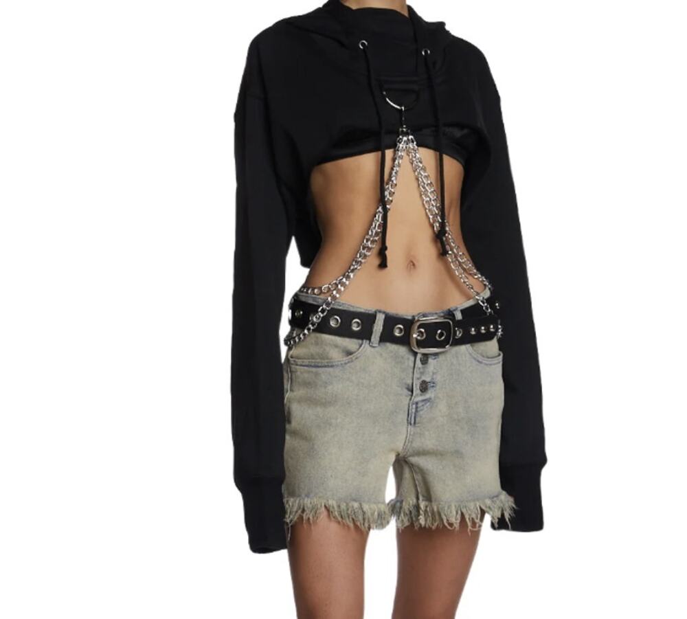 Dolls Kill Current Mood Chained N’ Dangerous Chain Crop Hoodie Black M NWT